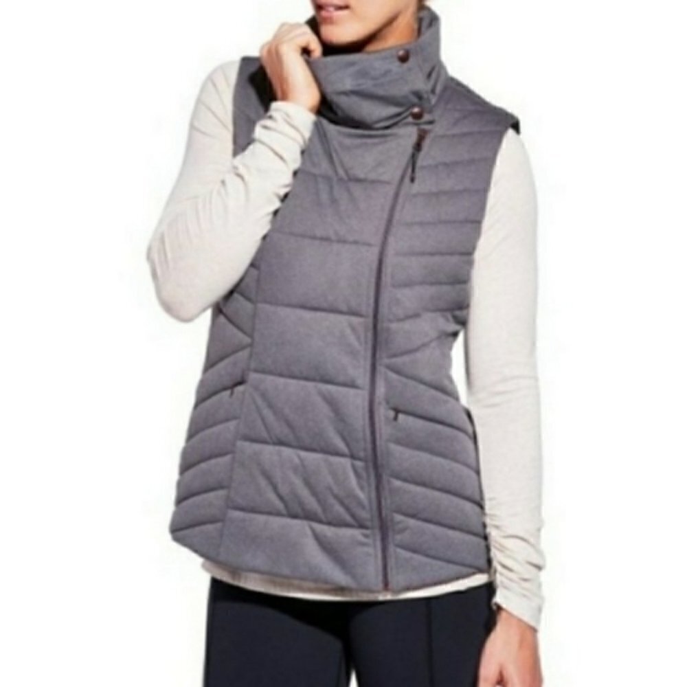 CALIA Carrie Underwood Women's Asymmetric Zip High Collar Quilt Vest Gray Pocket